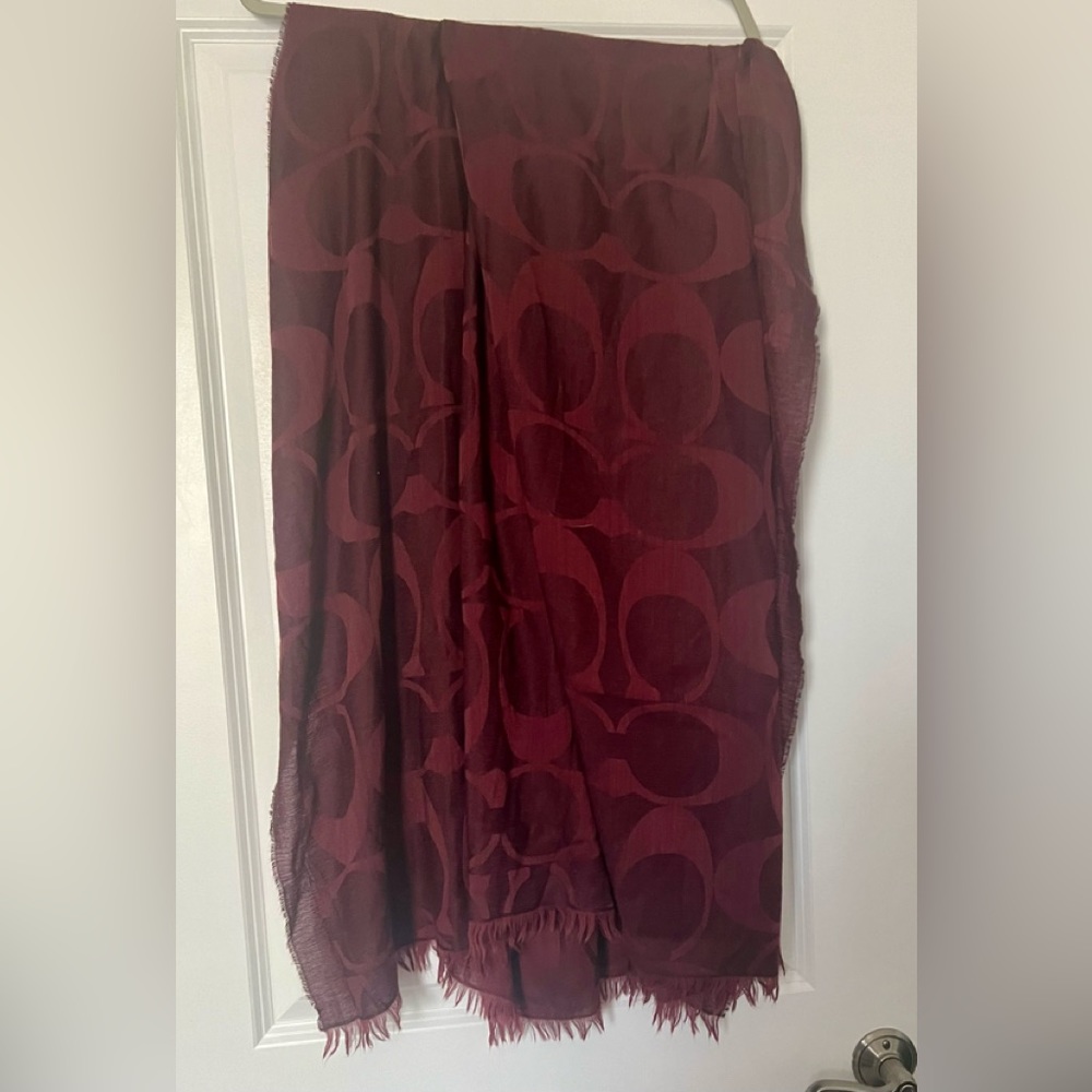 Coach Jacquard Maroon Signature Oversize Scarf Silk Wool